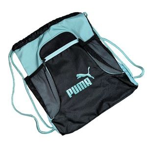 Black & Teal Blue Puma Drawstring Fitness Bag One Size Athletic Workout Carrier!